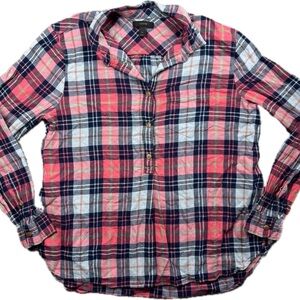 J. Crew Classic Popover LS Shirt Coral Navy Plaid Check Womens Medium